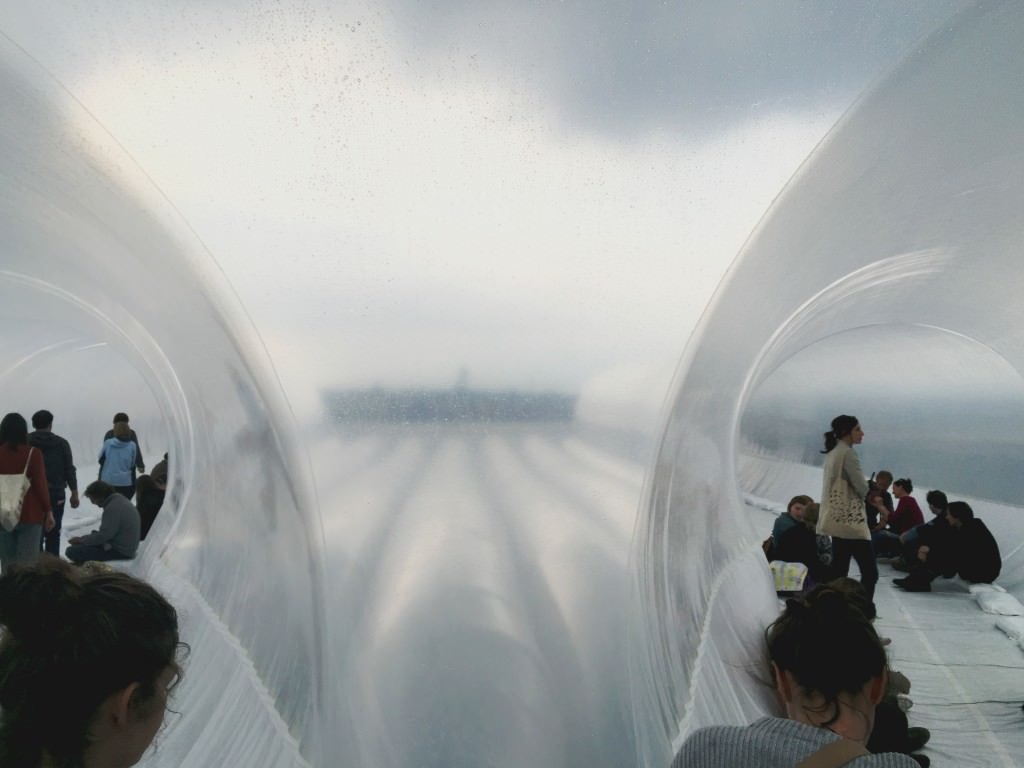 Taking shelter inside the exhibit!