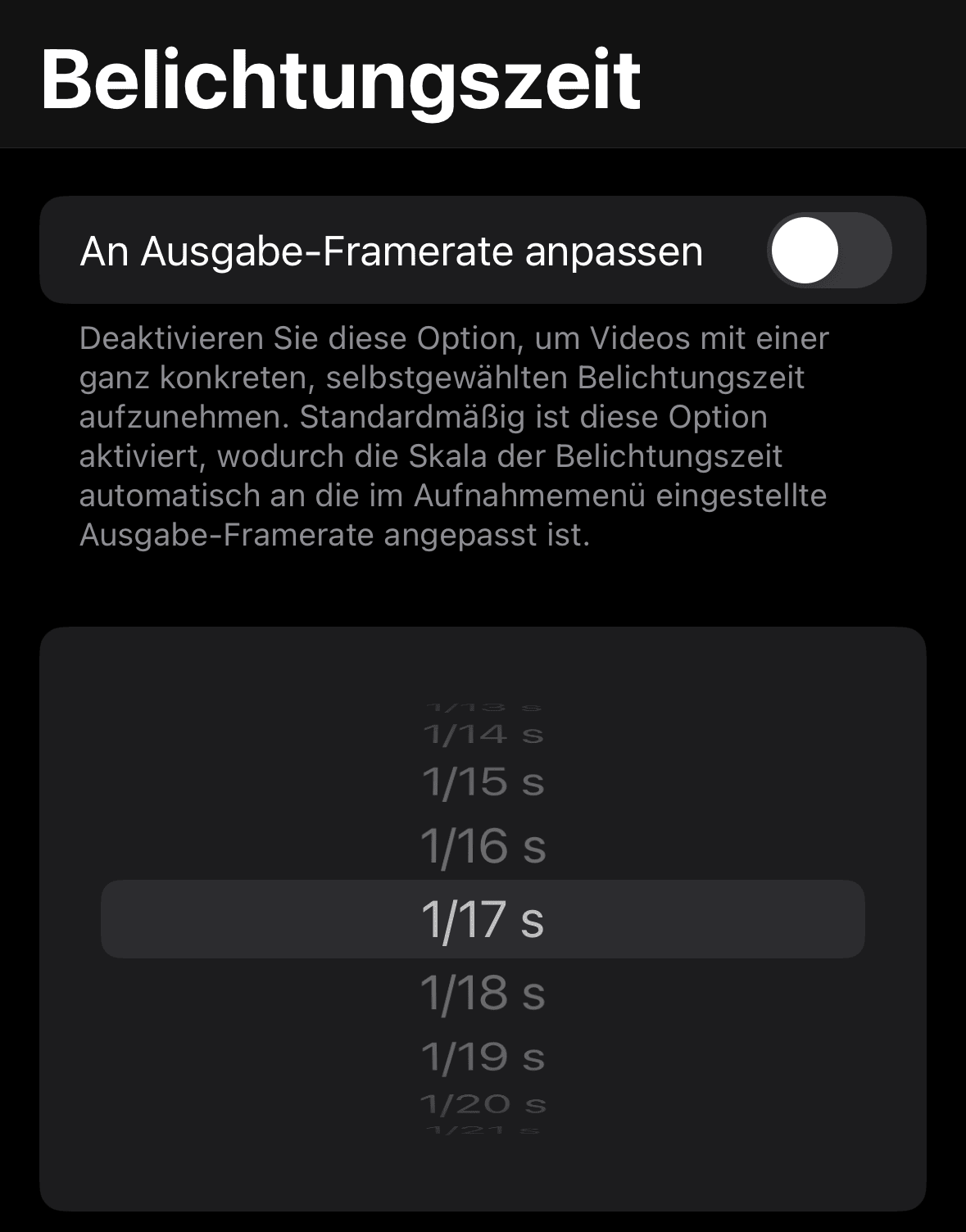 Benutzerdefinierte Belichtungszeit beim Filmen mit ProCamera